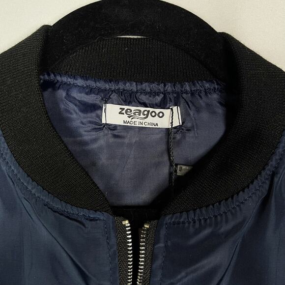New Zeagoo Womens Small S Navy Blue Bomber Jacket Zip Up Coat Black Trim Pockets - Picture 4 of 10